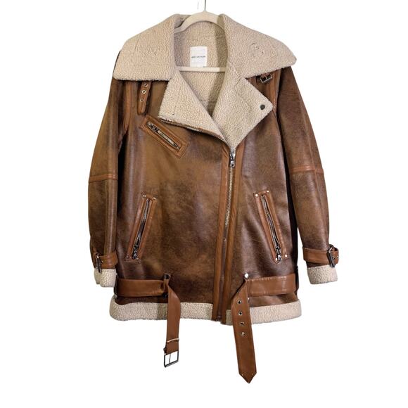 AVEC LES FILLES Coat Large Faux Leather Shearling Moto Jacket Notched Collar - Picture 2 of 15